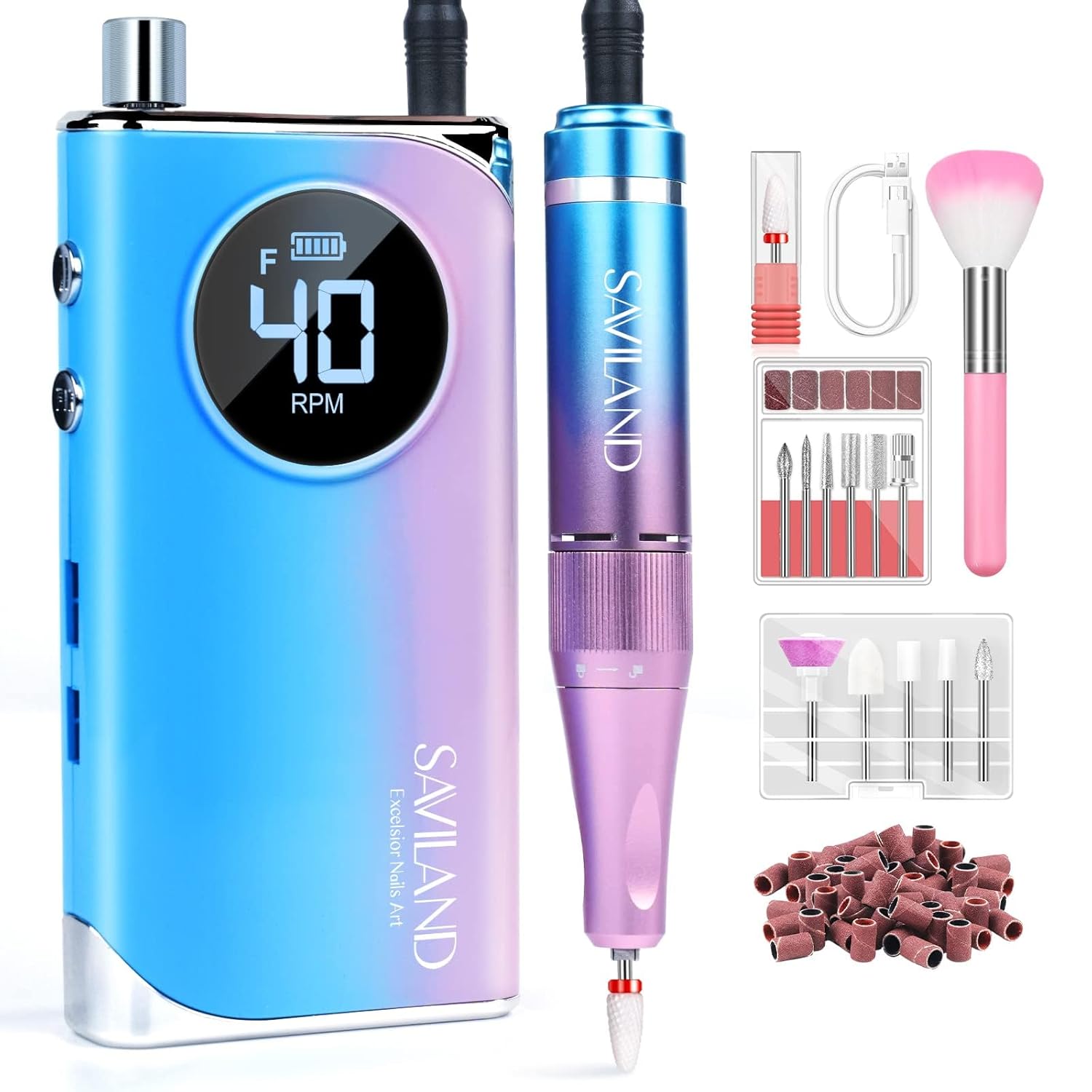 SAVILAND Electric Nail Drill Professional: 40000RPM Powerful Electric Nail File Portable Nail Drill with 12 Drill Bits Rechargeable Efile for Acrylic Gel Nails Removing Manicure Pedicure Salon