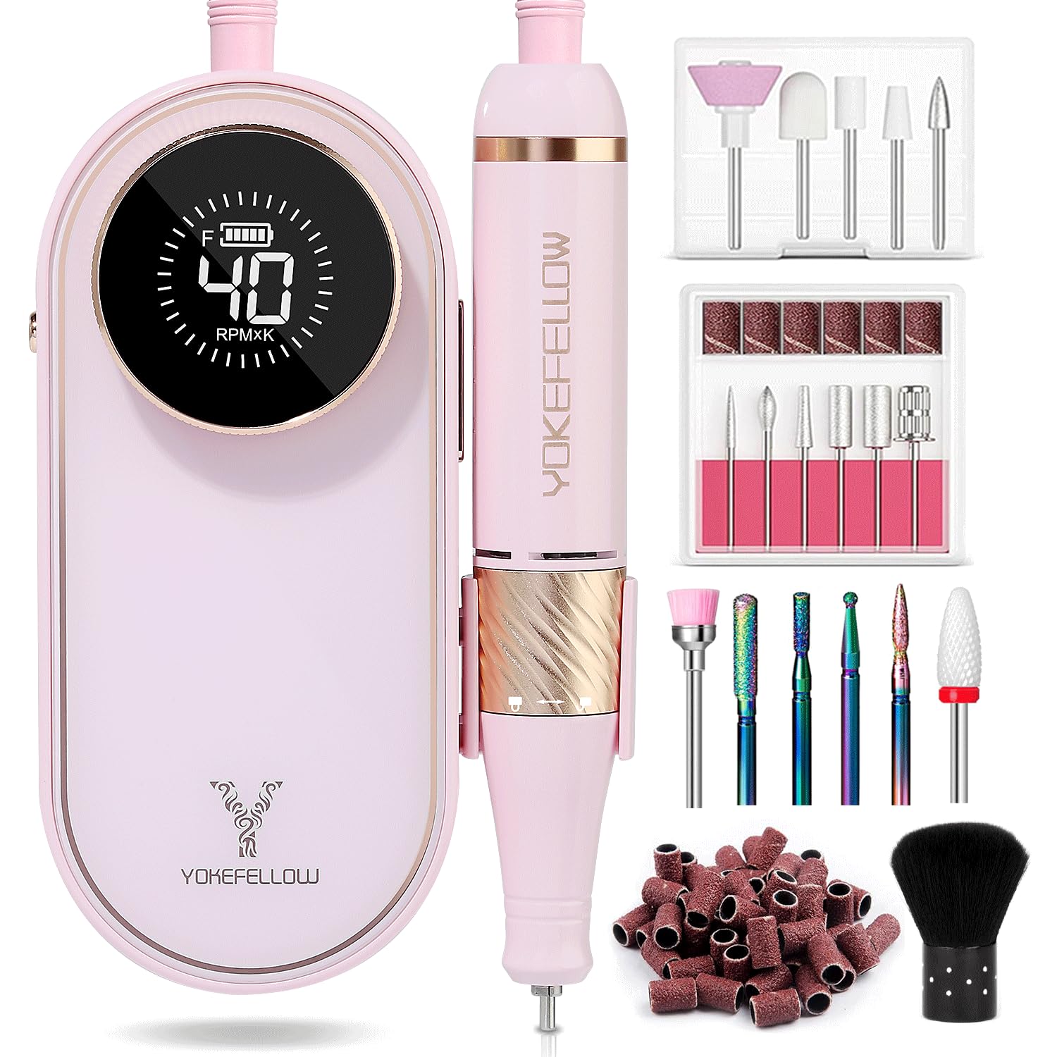 YOKE FELLOW Nail Drill Machine – 40000RPM Nail Drill Professional with 12 Drill Bits for Electric Nail File Manicure Pedicure Home Use (Pink)
