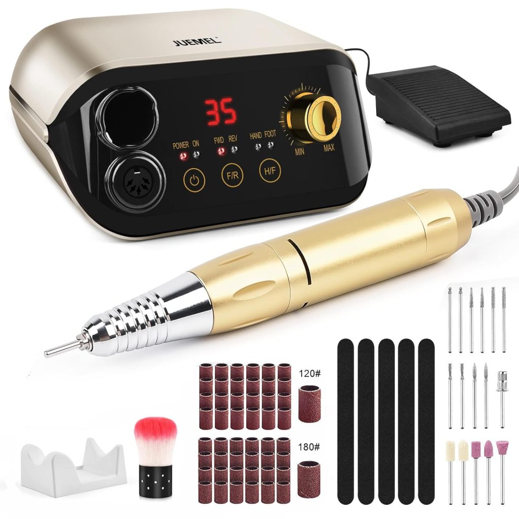 Professional Nail Drill Machine 35000 RPM with Foot Pedal and Forward/Reverse Rotation,JUEMEL Electric Nail File for Gel Nails,Acrylic,Manicure Pedicure Polishing Remover Tool kit – Mother’s Day