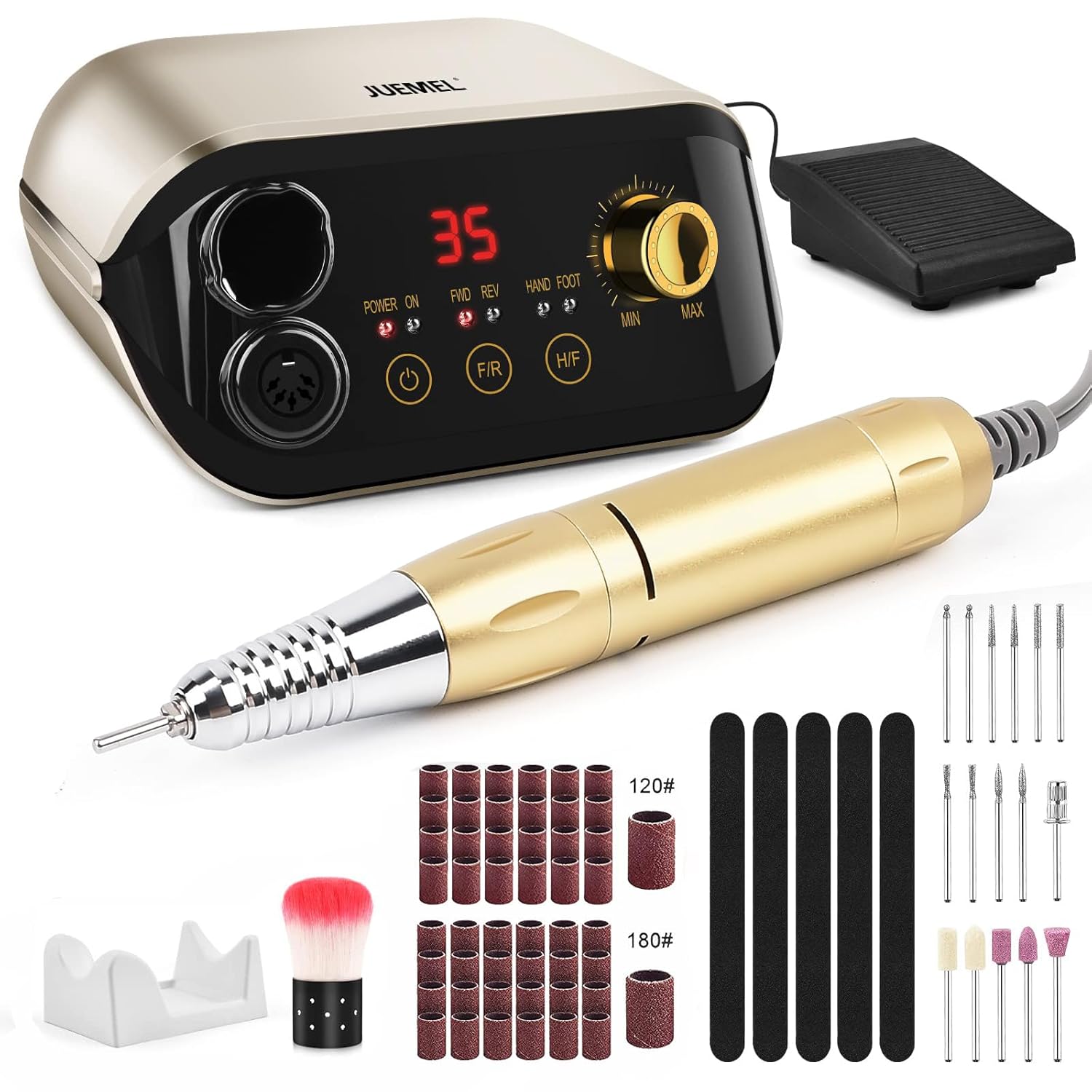 Professional Nail Drill Machine 35000 RPM with Foot Pedal and Forward/Reverse Rotation,JUEMEL Electric Nail File for Gel Nails,Acrylic,Manicure Pedicure Polishing Remover Tool kit – Mother’s Day