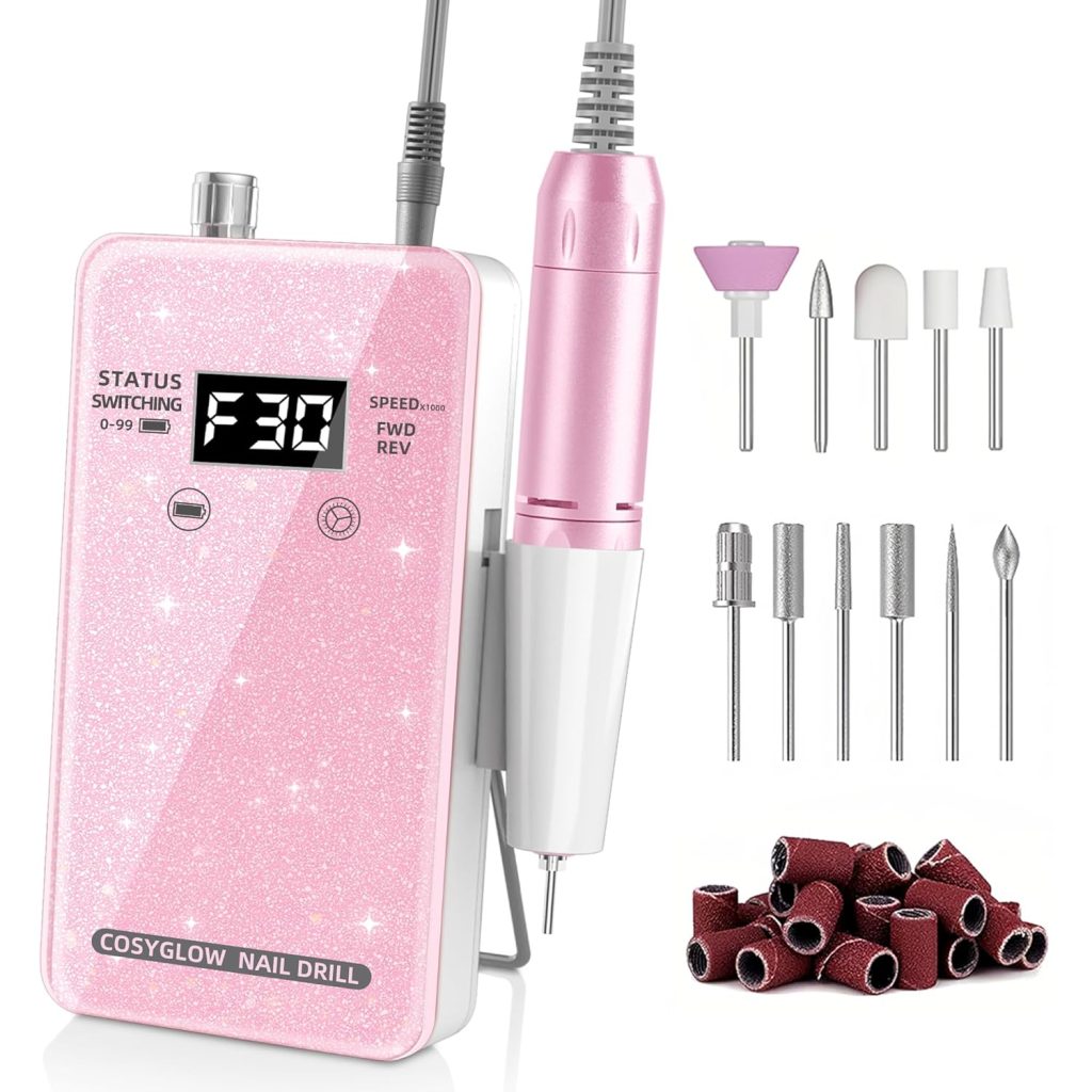 Professional Electric Nail Drill File: COSYGLOW Glitter Portable Efile Nail Drill Kit with11 Drill Bits,30000 RPM Rechargeable Cordless Nail Drill Machine E File for Acrylic Nails Gel Polishing (Pink)
