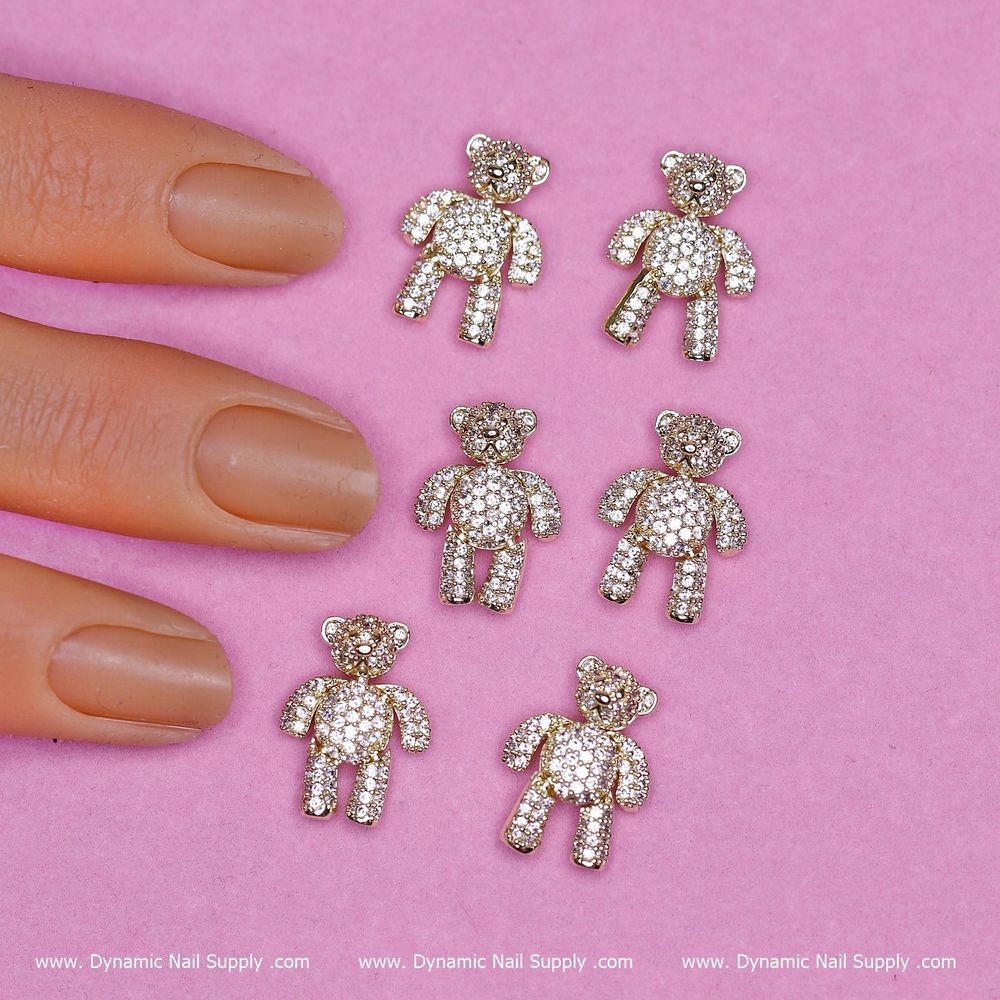 Gold Teddy Bear Nail Charms — Movable Rhinestone Accent